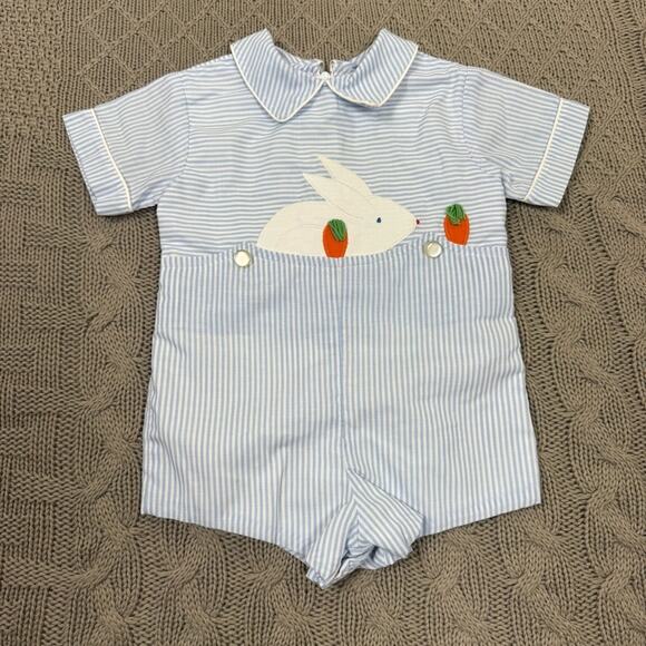 Vintage Jayne Copeland Easter Bunny Blue & White Stripe Jon Jon Romper ~ 3M - Picture 1 of 9